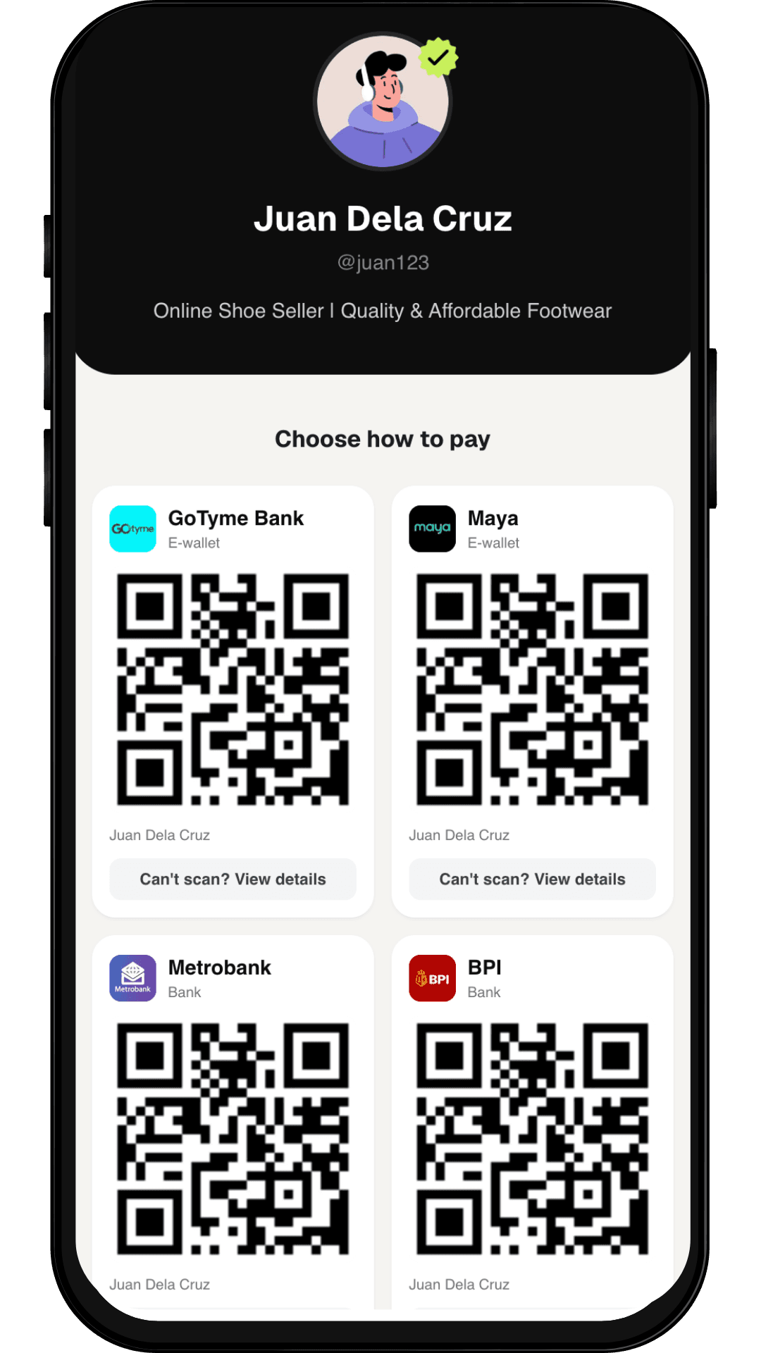 Lynqr app showing a seller's payment profile with QR codes